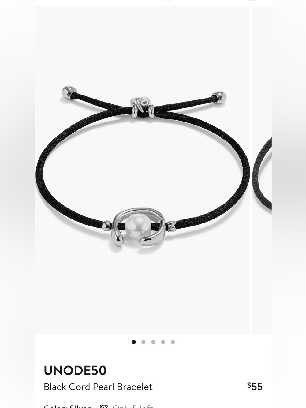 NIB UNO de 50 Black Cord Pearl Bracelet with Silver Accents